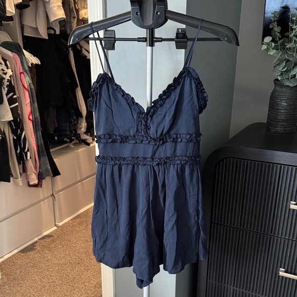 Francesca's Collections Pants - Navy Ruffle-Trim Spaghetti Strap Romper